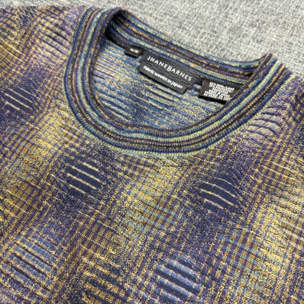 Jhane Barnes Sweater Mens M Blue Gold Wool Blend Geometric Jacquard Woven Japan